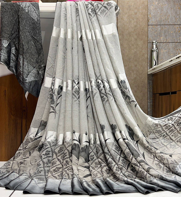 Sanjana Silk Georgette Printed Saree With Unstitched Blouse Piece ( Grey ) Sanjana Silk Georgette Printed Saree With Unstitched Blouse Piece ( Grey )