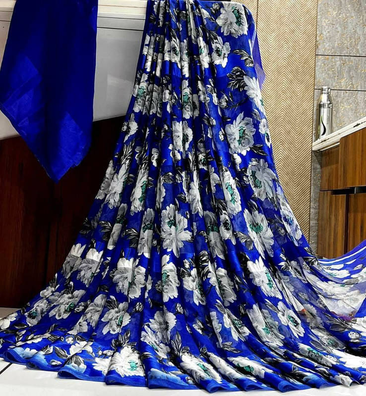     			Sanjana Silk Georgette Printed Saree With Unstitched Blouse Piece ( Blue )