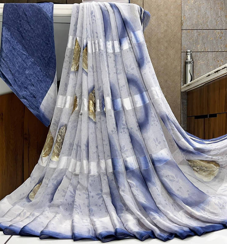     			Sanjana Silk Georgette Printed Saree With Unstitched Blouse Piece ( Blue )
