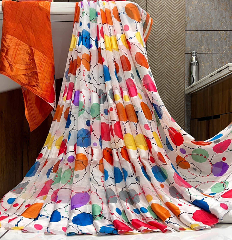     			Sanjana Silk Georgette Printed Saree With Unstitched Blouse Piece ( Orange )