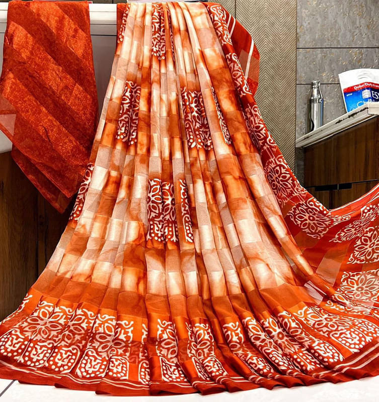 Sanjana Silk Georgette Printed Saree With Unstitched Blouse Piece ( Orange ) Sanjana Silk Georgette Printed Saree With Unstitched Blouse Piece ( Orange )