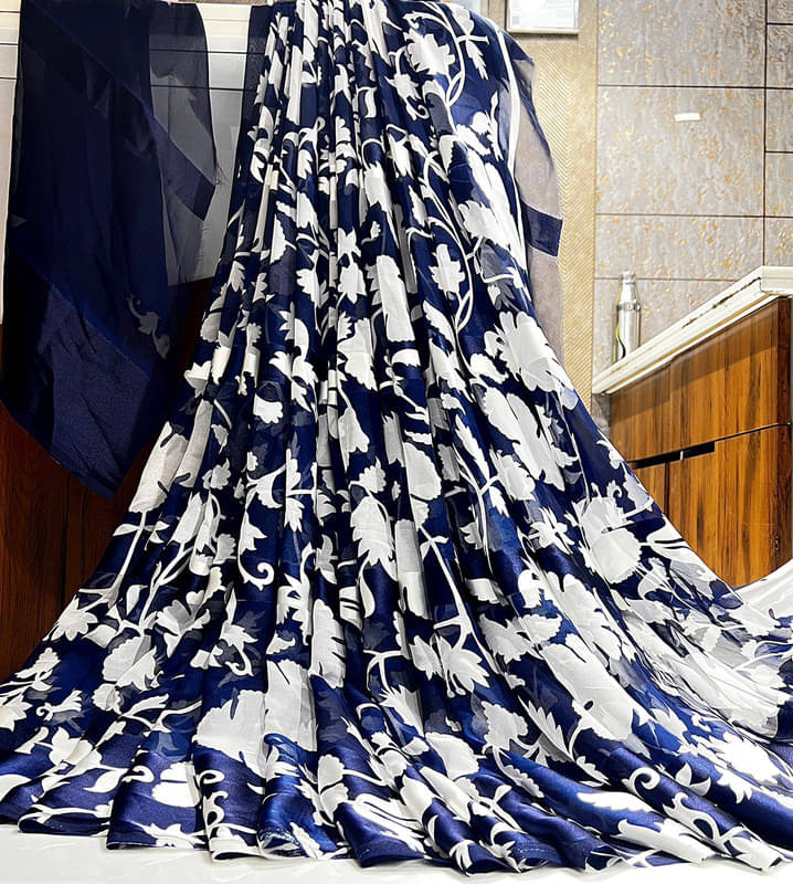 Sanjana Silk Georgette Printed Saree With Unstitched Blouse Piece ( Navy Blue )     			Sanjana Silk Georgette Printed Saree With Unstitched Blouse Piece ( Navy Blue )