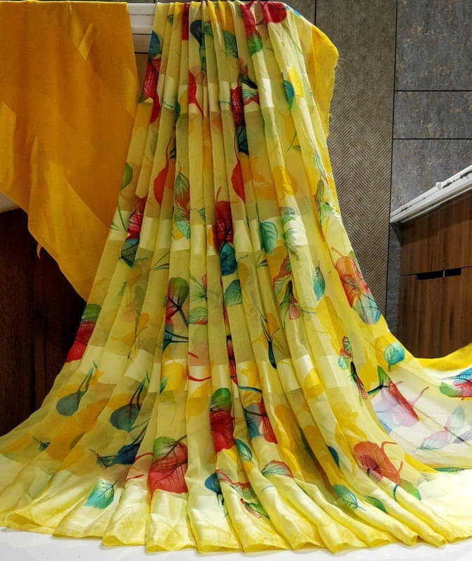 Sanjana Silk Georgette Printed Saree With Unstitched Blouse Piece ( Yellow1 ) Sanjana Silk Georgette Printed Saree With Unstitched Blouse Piece ( Yellow1 )