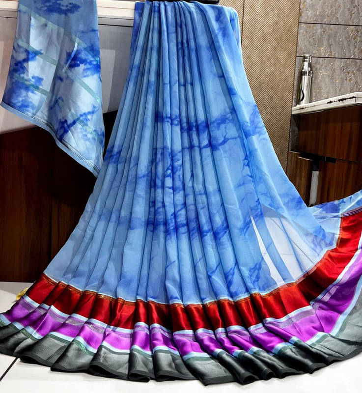     			Sanjana Silk Georgette Printed Saree With Unstitched Blouse Piece ( Blue )