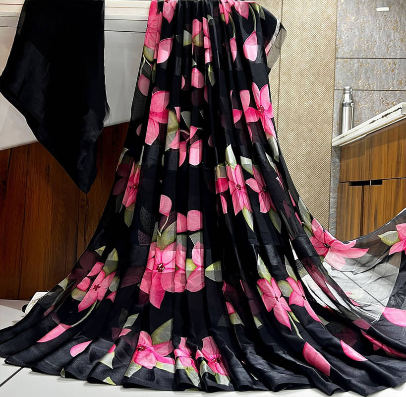 Sanjana Silk Georgette Printed Saree With Unstitched Blouse Piece ( Black ) Sanjana Silk Georgette Printed Saree With Unstitched Blouse Piece ( Black )