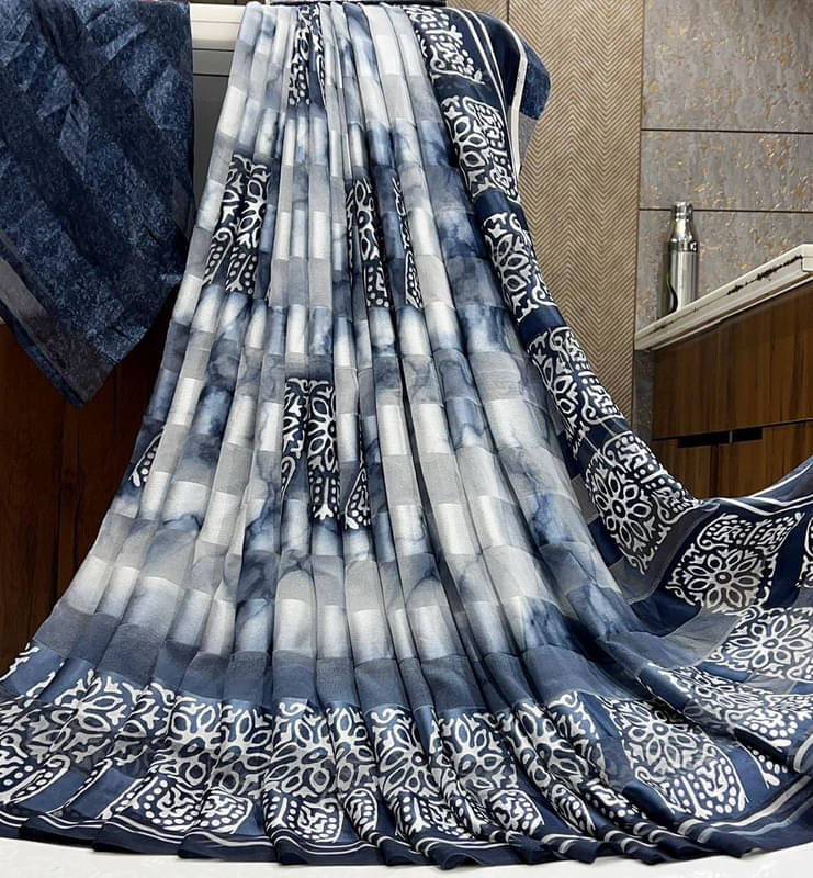     			Sanjana Silk Georgette Printed Saree With Unstitched Blouse Piece ( Navy Blue )