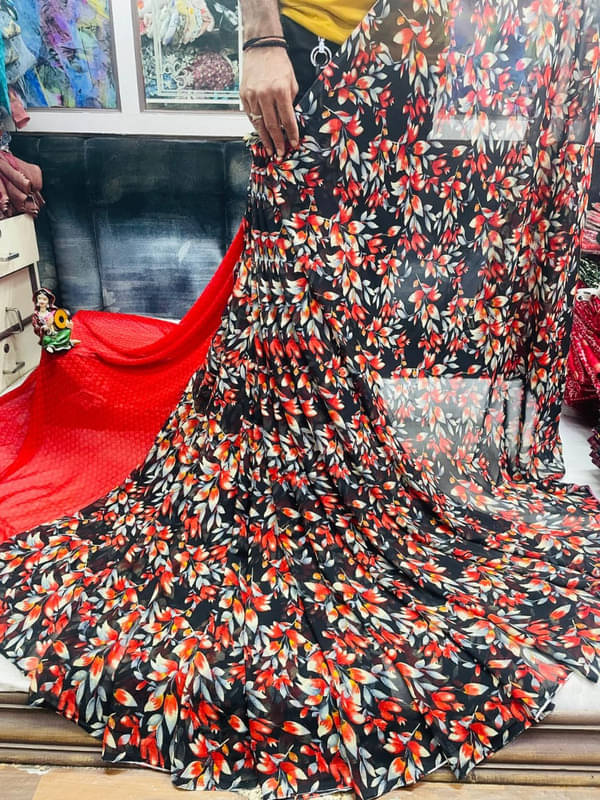    			Sanjana Silks Georgette Printed Saree With Unstitched Blouse Piece ( Red )
