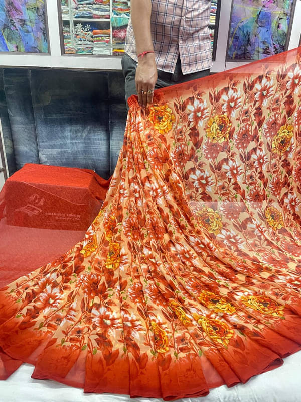 Sanjana Silks Georgette Printed Saree With Unstitched Blouse Piece ( Orange ) Sanjana Silks Georgette Printed Saree With Unstitched Blouse Piece ( Orange )