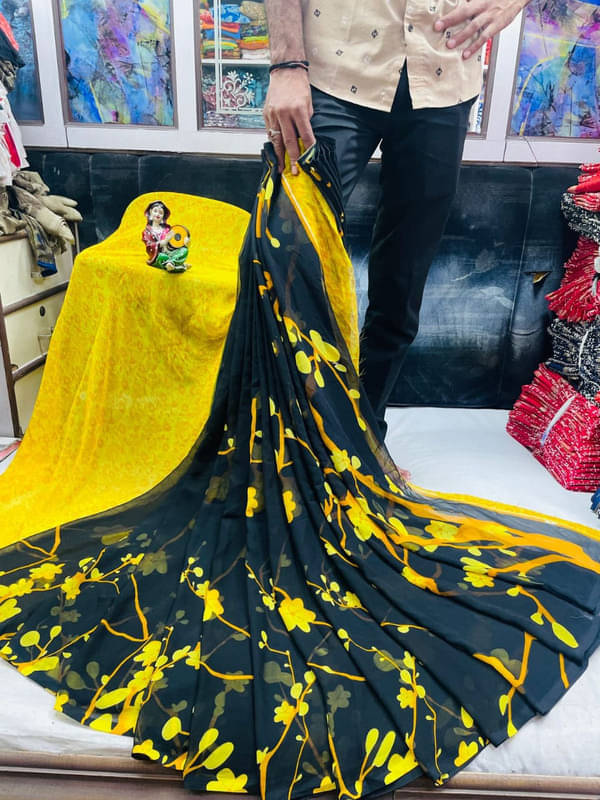 Sanjana Silks Georgette Printed Saree With Unstitched Blouse Piece ( Yellow ) Sanjana Silks Georgette Printed Saree With Unstitched Blouse Piece ( Yellow )