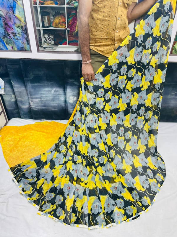 Sanjana Silks Georgette Printed Saree With Unstitched Blouse Piece ( Yellow ) Sanjana Silks Georgette Printed Saree With Unstitched Blouse Piece ( Yellow )