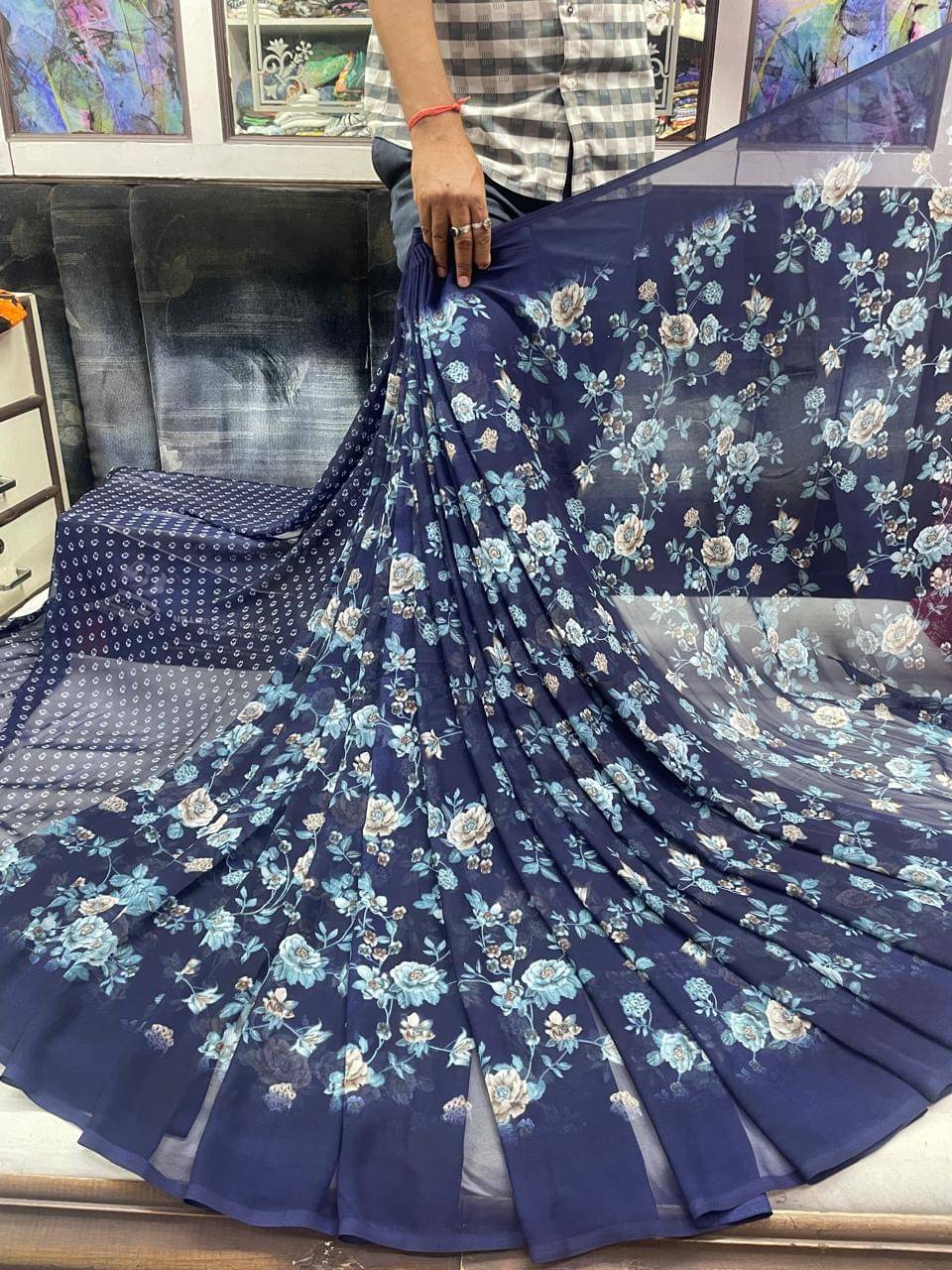 Sanjana Silks Georgette Printed Saree With Unstitched Blouse Piece ( Navy Blue ) Sanjana Silks Georgette Printed Saree With Unstitched Blouse Piece ( Navy Blue )