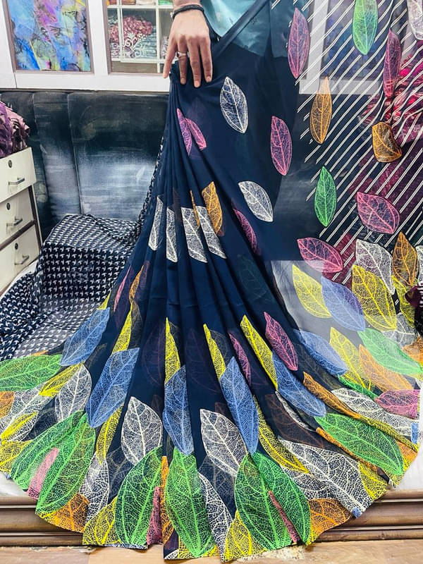     			Sanjana Silks Georgette Printed Saree With Unstitched Blouse Piece ( Navy Blue )
