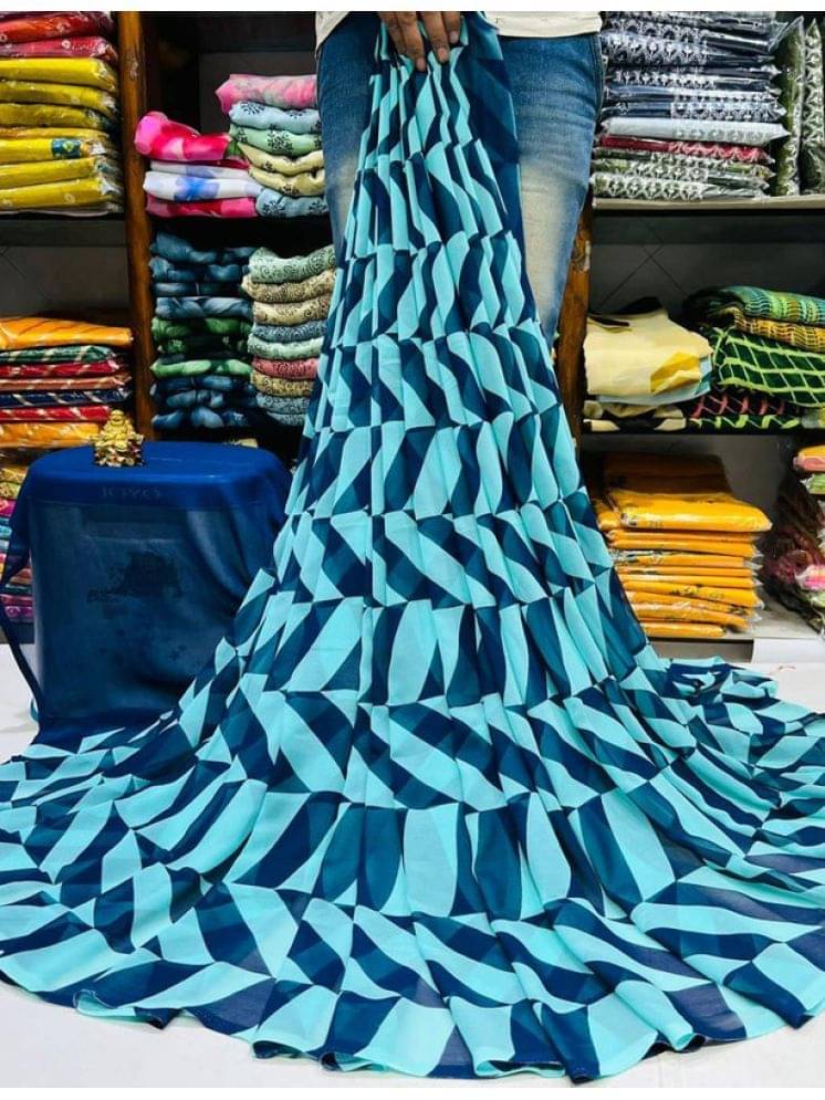     			Sanjana Silks Georgette Printed Saree With Unstitched Blouse Piece ( Blue )