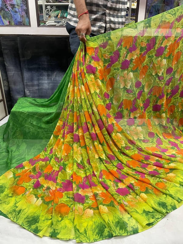 Sanwariya Silks Georgette Printed Saree With Unstitched Blouse Piece ( Green ) - Sarees | Buy online on ZillyBuy