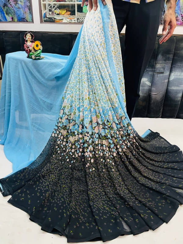 Sanwariya Silks Georgette Printed Saree With Unstitched Blouse Piece ( Blue ) - Sarees | Buy online on ZillyBuy
