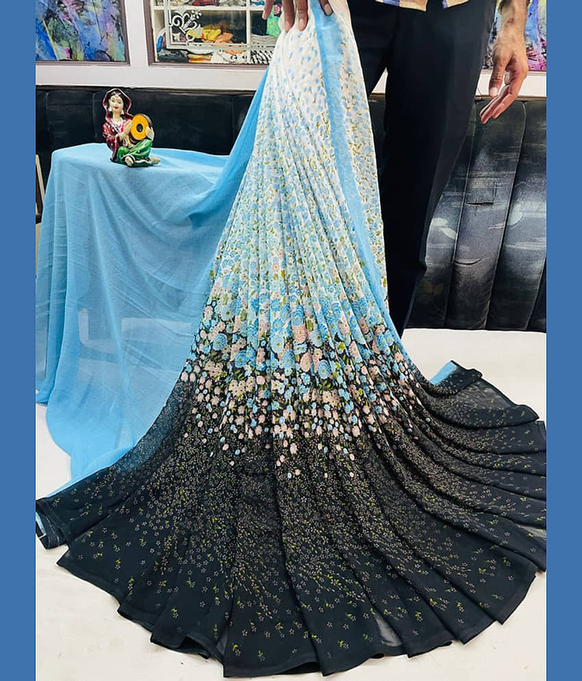 Sanwariya Silks Georgette Printed Saree With Unstitched Blouse Piece ( Blue ) - Sarees | Buy online on ZillyBuy