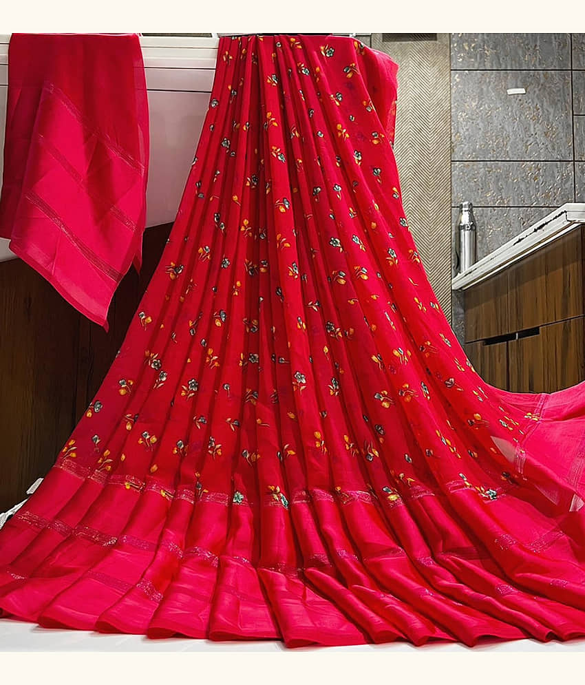 Sanwariya Silks Georgette Printed Saree With Unstitched Blouse Piece ( Red ) - Sarees | Buy online on ZillyBuy