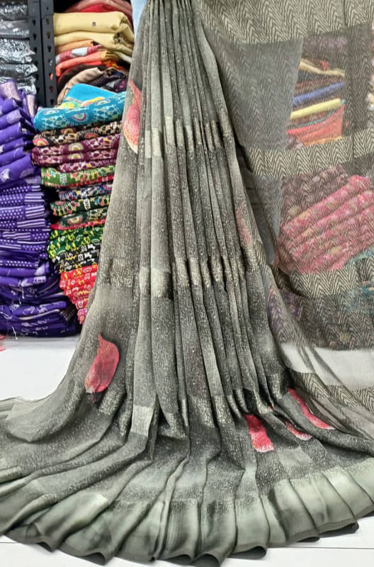 Sanwariya Silks Georgette Printed Saree With Unstitched Blouse Piece ( Grey )     			Sanwariya Silks Georgette Printed Saree With Unstitched Blouse Piece ( Grey )