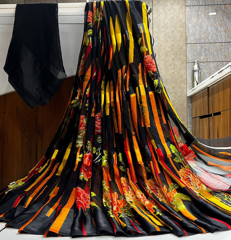 Sanwariya Silks Georgette Printed Saree With Unstitched Blouse Piece ( Black ) Sanwariya Silks Georgette Printed Saree With Unstitched Blouse Piece ( Black )