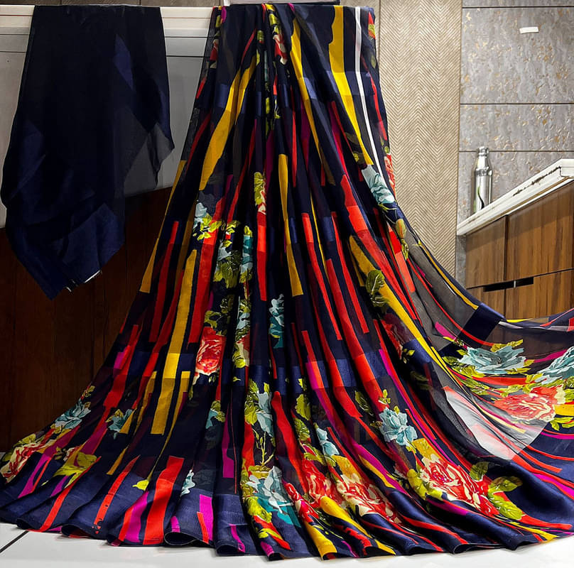 Sanwariya Silks Georgette Printed Saree With Unstitched Blouse Piece ( Blue ) Sanwariya Silks Georgette Printed Saree With Unstitched Blouse Piece ( Blue )