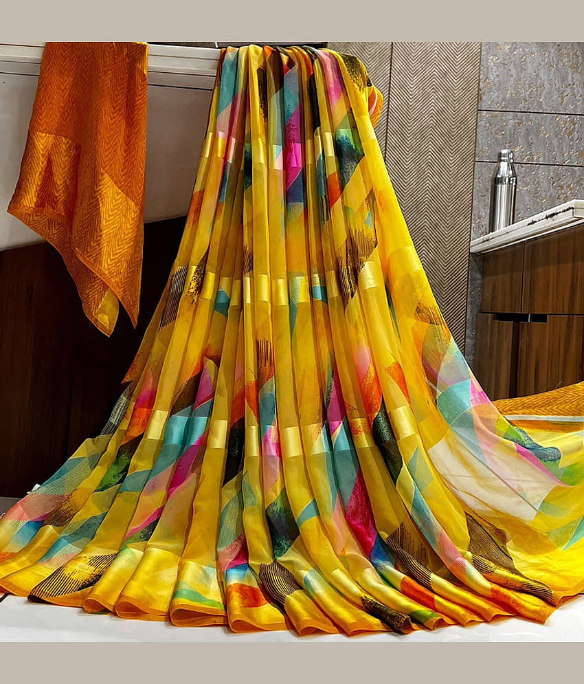 Sanwariya Silks Georgette Printed Saree With Unstitched Blouse Piece ( Yellow ) - Sarees | Buy online on ZillyBuy