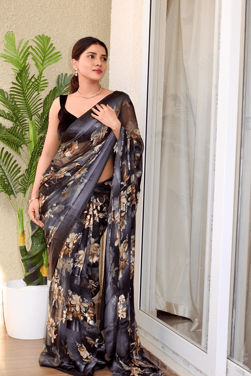 Sanwariya Silks Georgette Printed Saree With Unstitched Blouse Piece ( Black ) - Sarees | Buy online on ZillyBuy