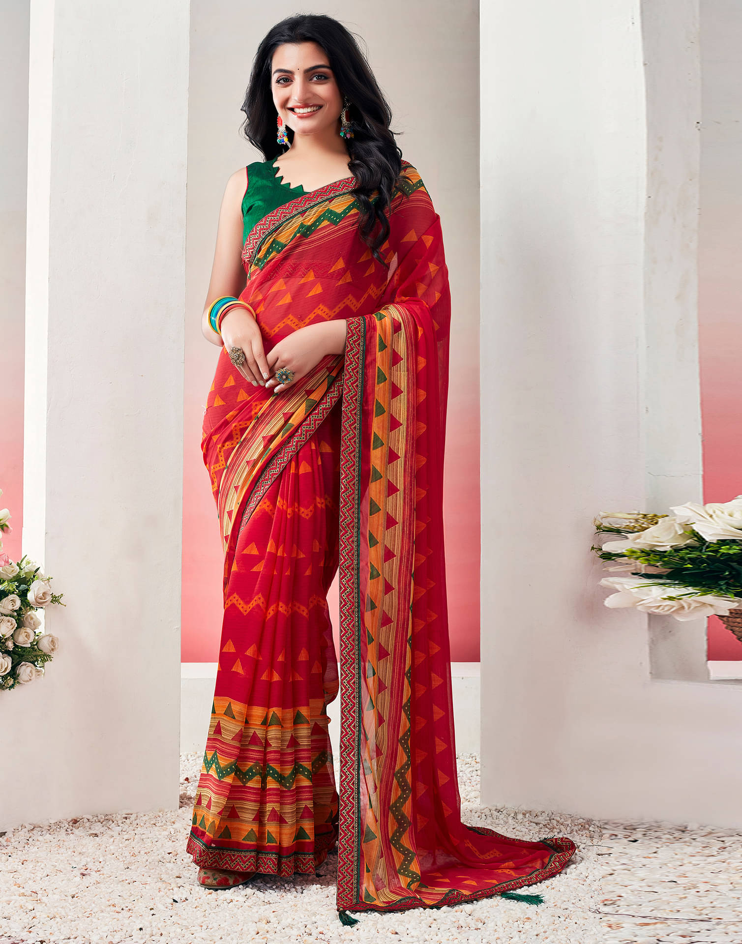 Satrani Chiffon Printed Saree With Unstitched Blouse Piece ( Red ) Satrani Chiffon Printed Saree With Unstitched Blouse Piece ( Red )