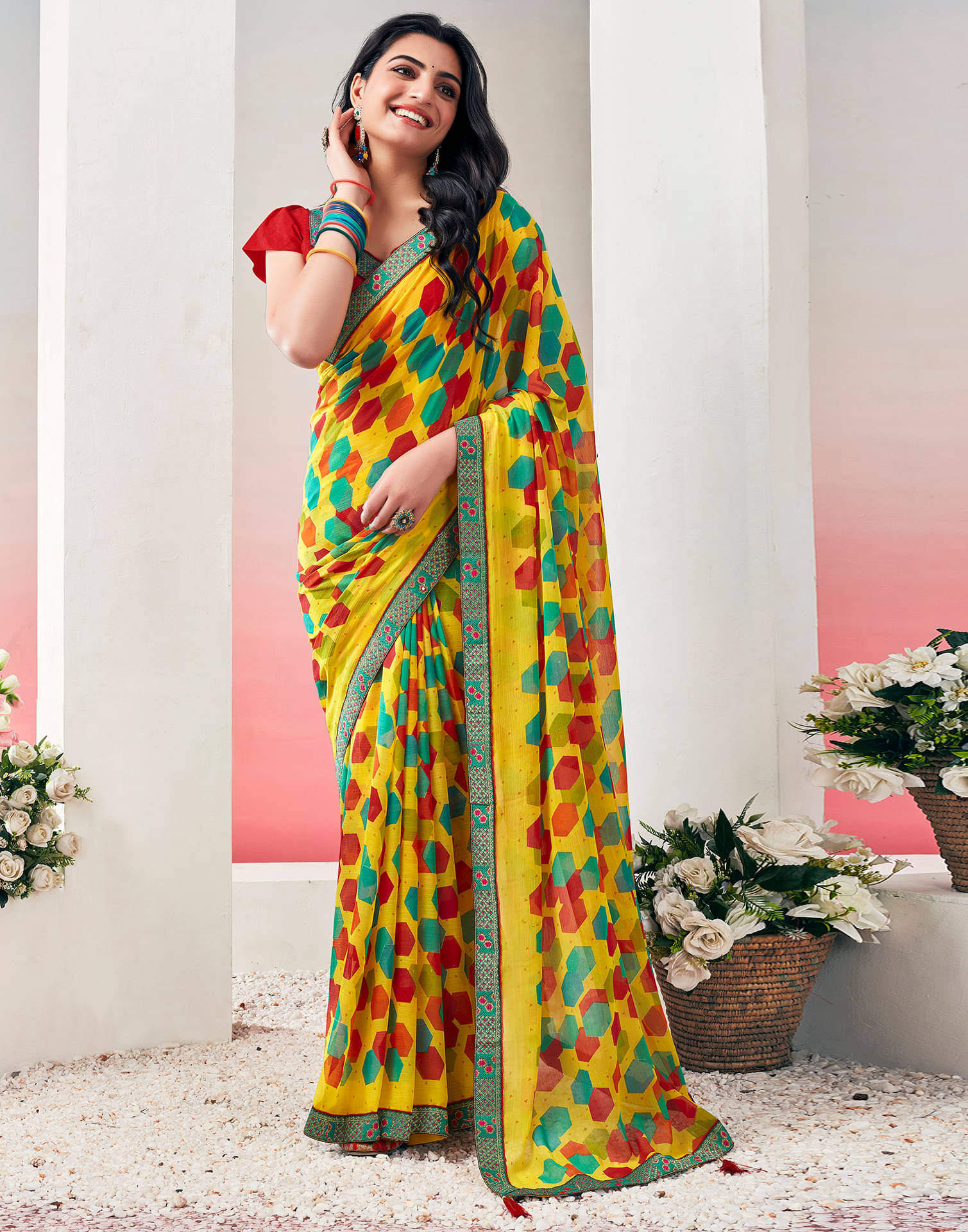     			Satrani Chiffon Printed Saree With Unstitched Blouse Piece ( Yellow )