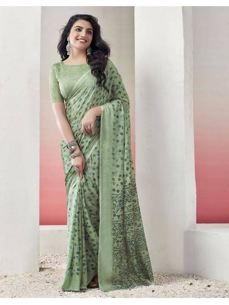     			Satrani Chiffon Printed Saree With Unstitched Blouse Piece ( Green )