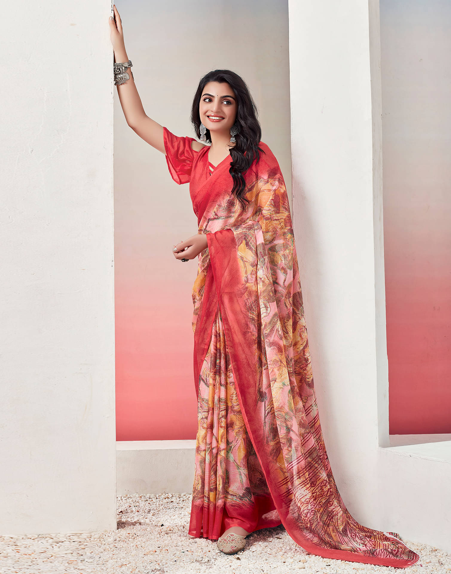 Satrani Chiffon Printed Saree With Unstitched Blouse Piece ( Red ) Satrani Chiffon Printed Saree With Unstitched Blouse Piece ( Red )