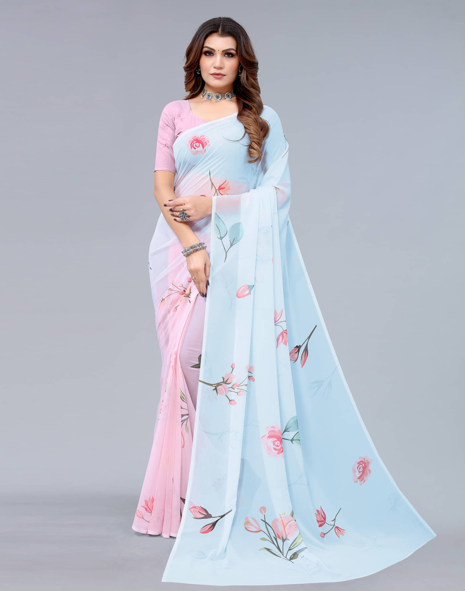     			Satrani Georgette Printed Saree With Unstitched Blouse Piece ( Pink )