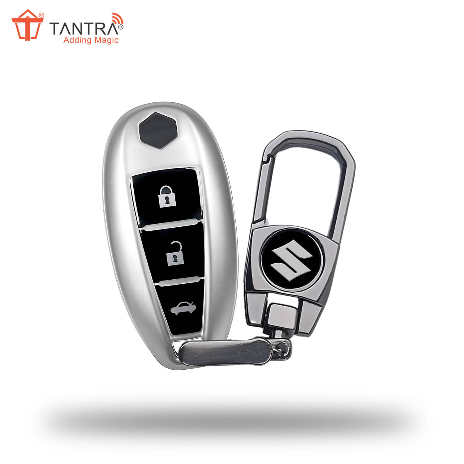     			TANTRA TPU Key Cover and Metal Keychain Compatible for Maruti Suzuki Baleno, Vitara Breeza, S Cross, Ciaz, Swift, Ignis, 3 Button Smart Key Cover (Grey)