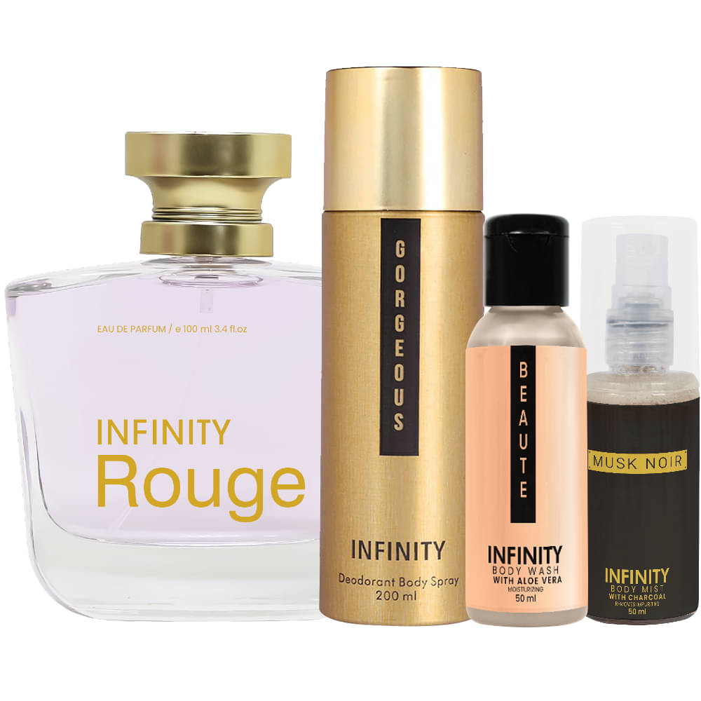     			Infinity Rouge Perfume, Gorgeous Deodorant, Beaute Body Wash & Musk Noir Body Mist Pack of 4