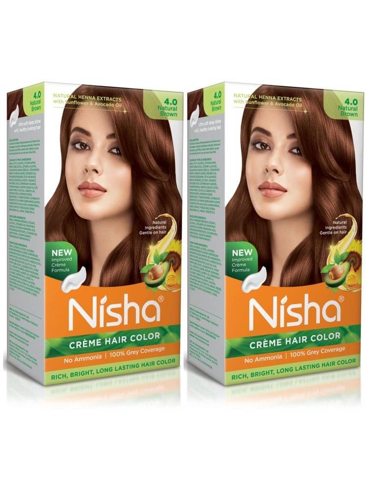     			Nisha Creme Hair Color 4.0 Natural Brown 120g Pack of 2, Permanent Hair Colour, No Ammonia, 100% Grey Coverage