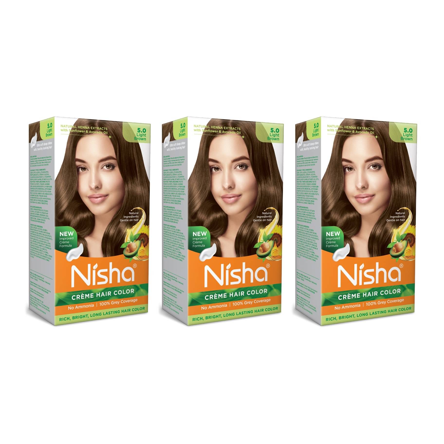     			Nisha Creme Hair Color 5.0 Light Brown 120g Pack of 3, Permanent Hair Colour, No Ammonia, 100% Grey Coverage