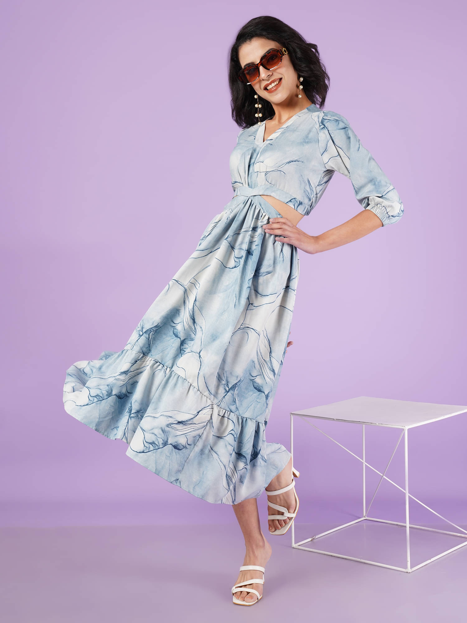     			OTABU Polyester Printed Midi Women's Cut Out Dress - Grey ( Pack of 1 )