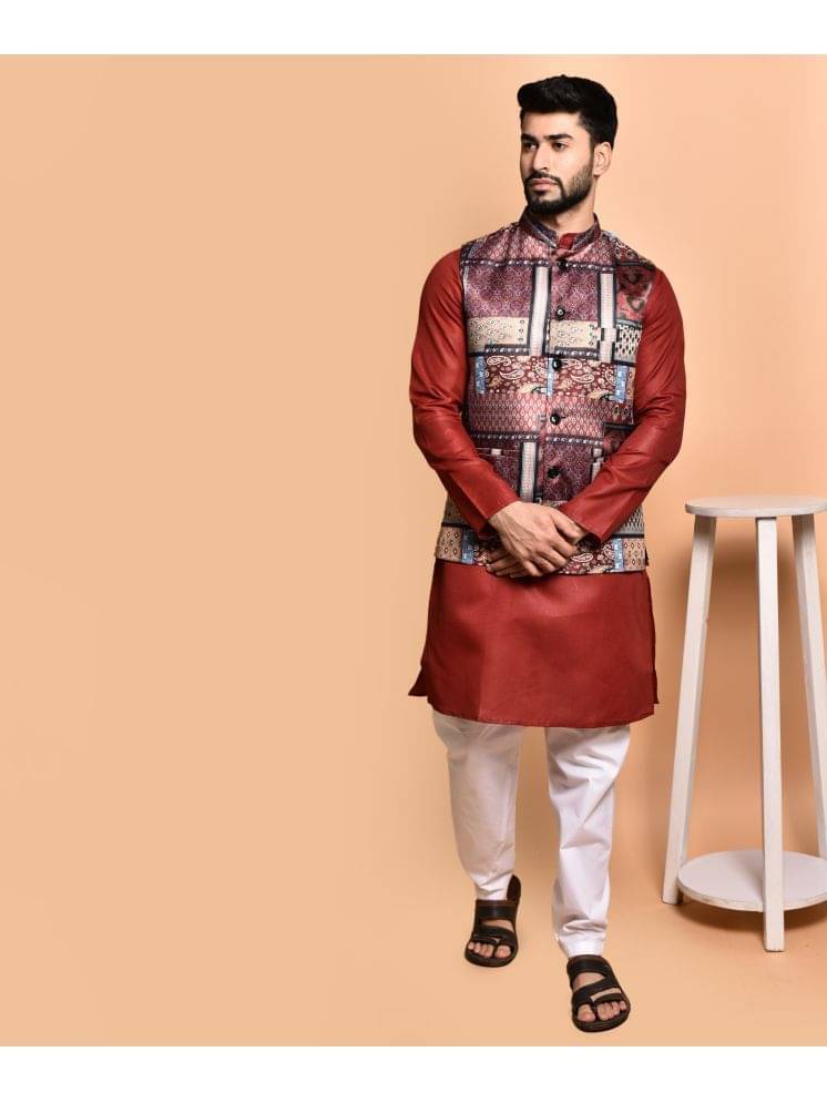     			PRINTCULTR Maroon Cotton Regular Fit Men's Kurta Pyjama Set ( Pack of 1 )