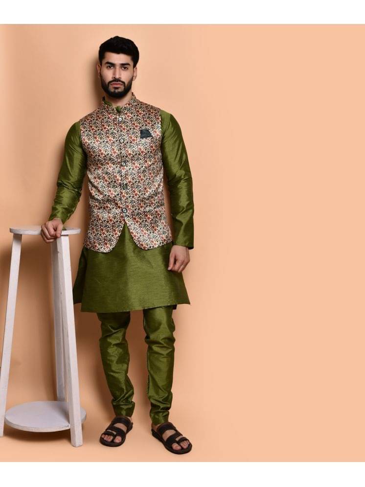     			PRINTCULTR Olive Green Silk Regular Fit Men's Kurta Pyjama Set ( Pack of 1 )