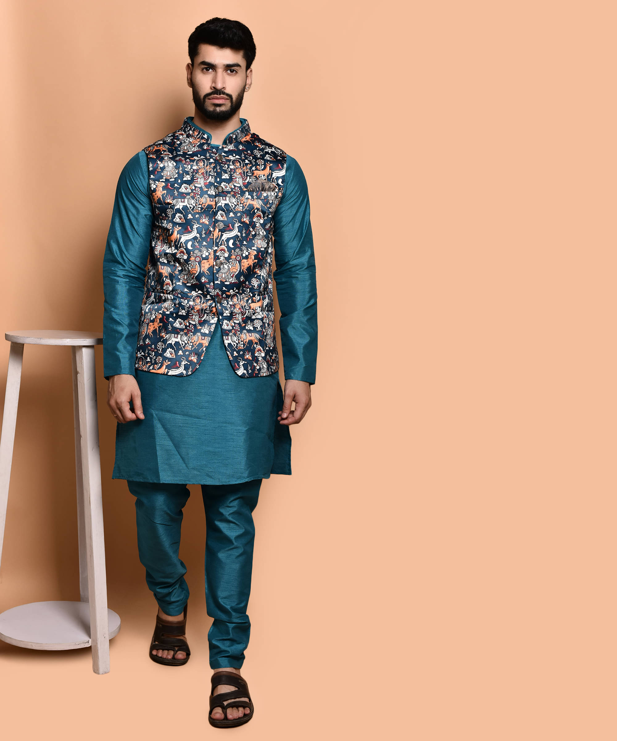     			PRINTCULTR Teal Silk Regular Fit Men's Kurta Pyjama Set ( Pack of 1 )