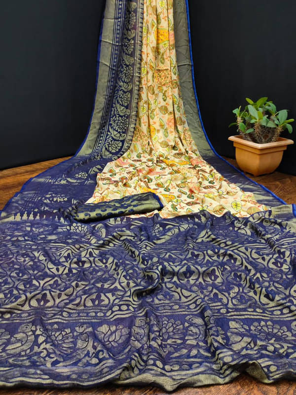     			Sanwariya Silks Brasso Printed Saree With Unstitched Blouse Piece ( Navy Blue )