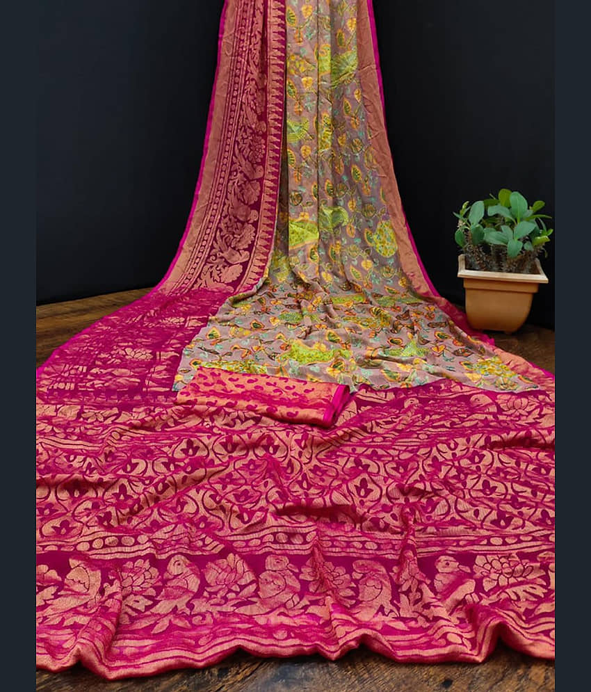 Sanwariya Silks Brasso Printed Saree With Unstitched Blouse Piece ( Pink ) - Sarees | Buy online on ZillyBuy