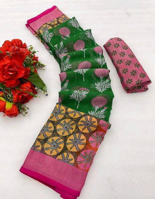     			Sitanjali Brasso Printed Saree With Unstitched Blouse Piece ( Green )