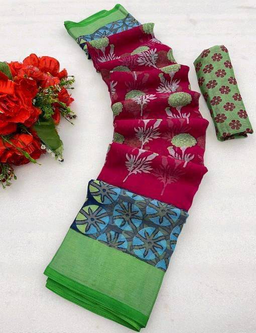 Sitanjali Brasso Printed Saree With Unstitched Blouse Piece ( Rani ) Sitanjali Brasso Printed Saree With Unstitched Blouse Piece ( Rani )