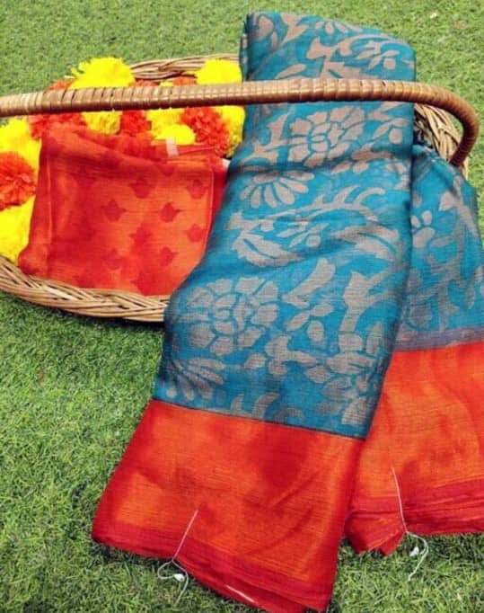 Sitanjali Brasso Printed Saree With Unstitched Blouse Piece ( SkyBlue )