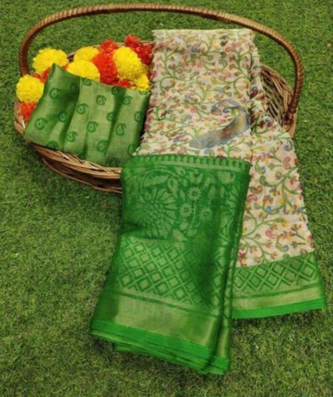     			Sitanjali Brasso Printed Saree With Unstitched Blouse Piece ( Green )