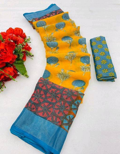 Sitanjali Lifestyle Brasso Printed Saree With Unstitched Blouse Piece ( Yellow )     			Sitanjali Lifestyle Brasso Printed Saree With Unstitched Blouse Piece ( Yellow )