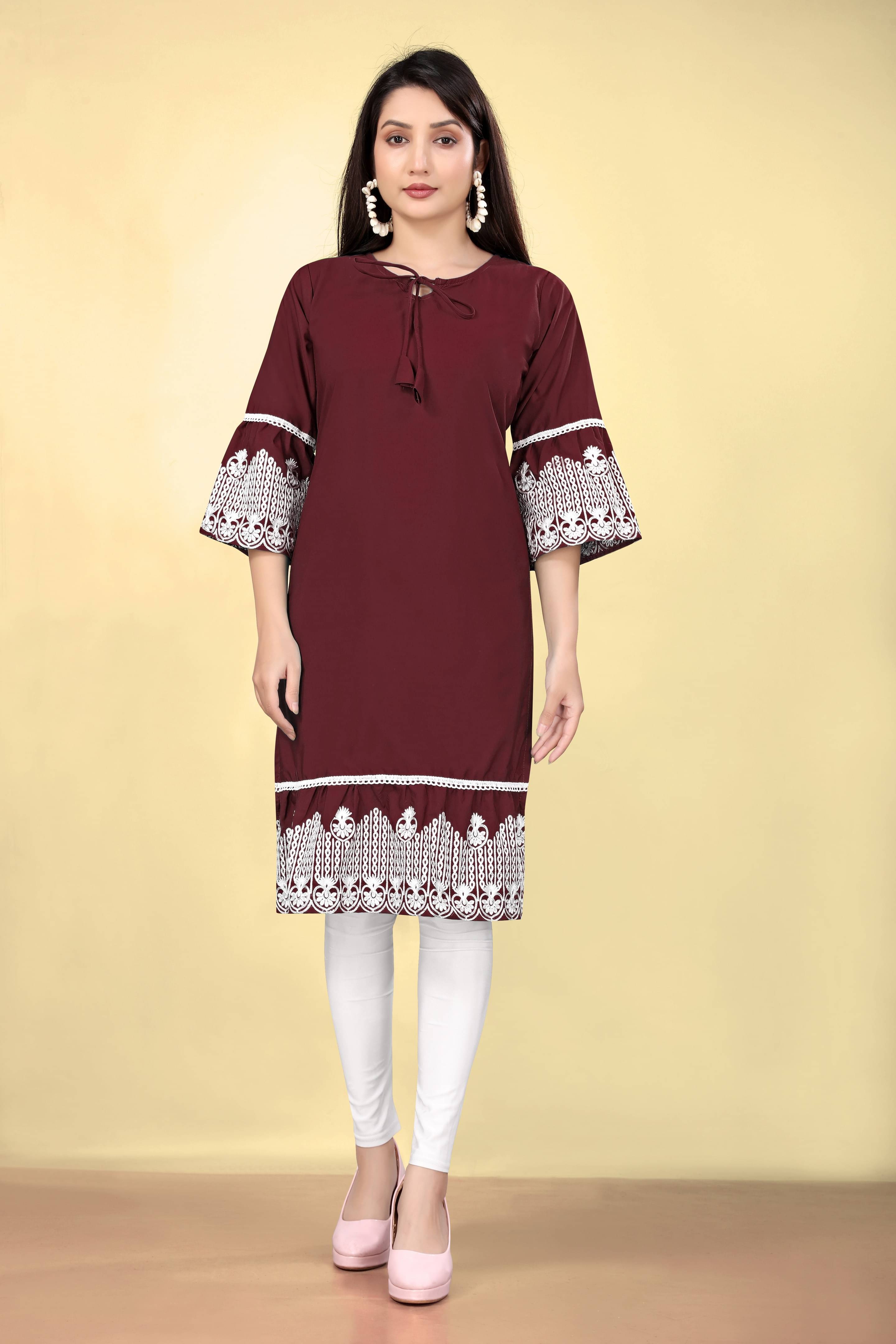     			Varni Fabrics Women Cotton Embroidered Straight Kurti ( Maroon )