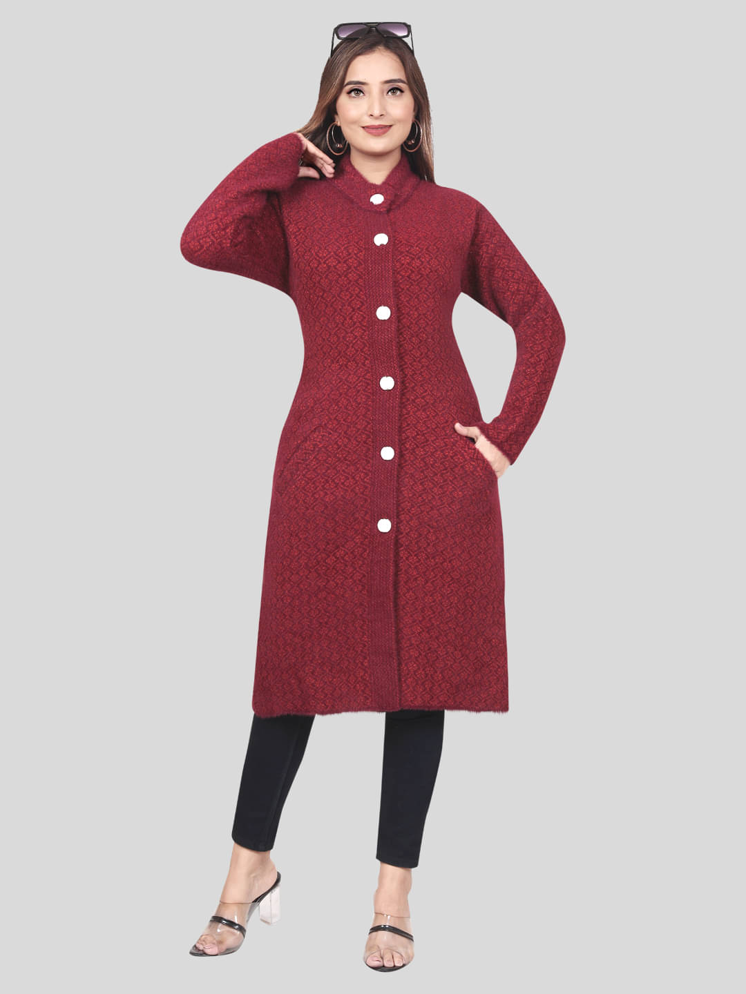     			WOOL'S KART Woollen Chinese/Mandarin Collar Women's Buttoned Cardigans - Maroon (Pack of 1)