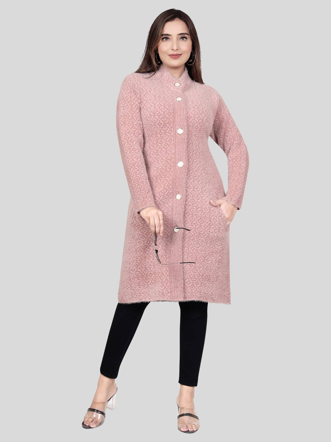     			WOOL'S KART Woollen Chinese/Mandarin Collar Women's Buttoned Cardigans - Pink (Pack of 1)