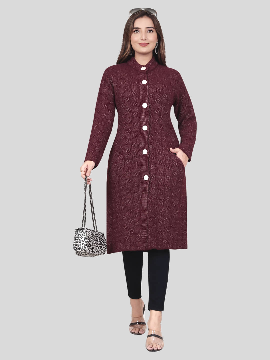 WOOL'S KART Woollen Chinese/Mandarin Collar Women's Buttoned Cardigans - Red (Pack of 1) WOOL'S KART Woollen Chinese/Mandarin Collar Women's Buttoned Cardigans - Red (Pack of 1)
